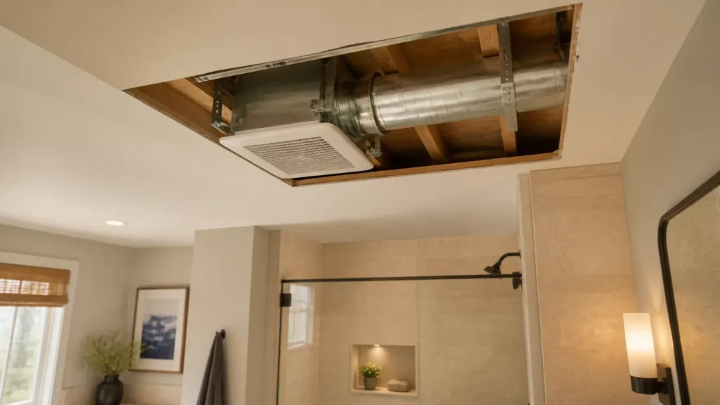 Bathroom ceiling exhaust fan connected to round metal ductwork during a renovation