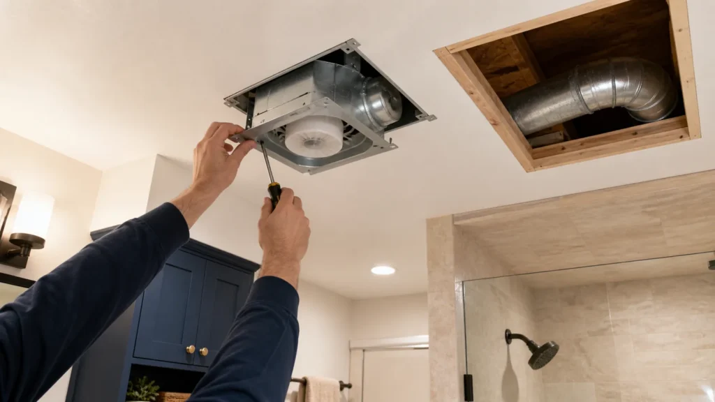 Installer replacing a ceiling exhaust fan in a warm modern bathroom