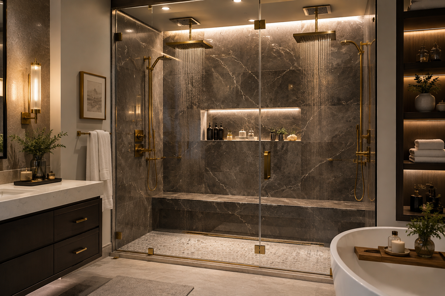 Spa-inspired modern shower with warm natural finishes