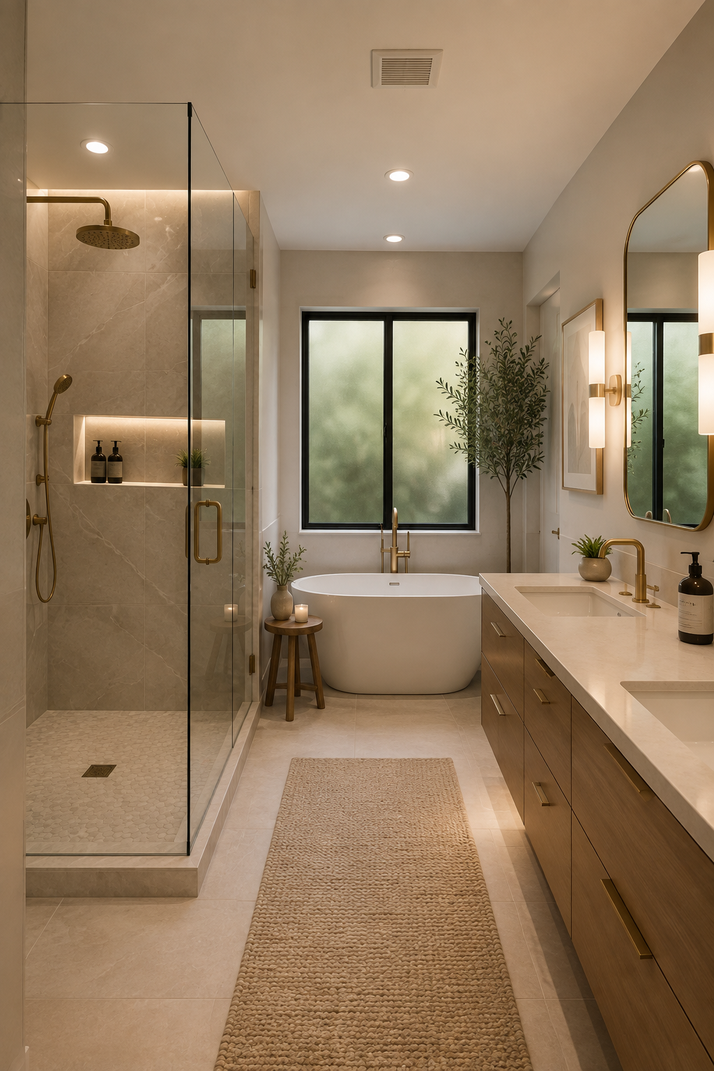 Modern bathroom with warm stone tones and elegant fixtures