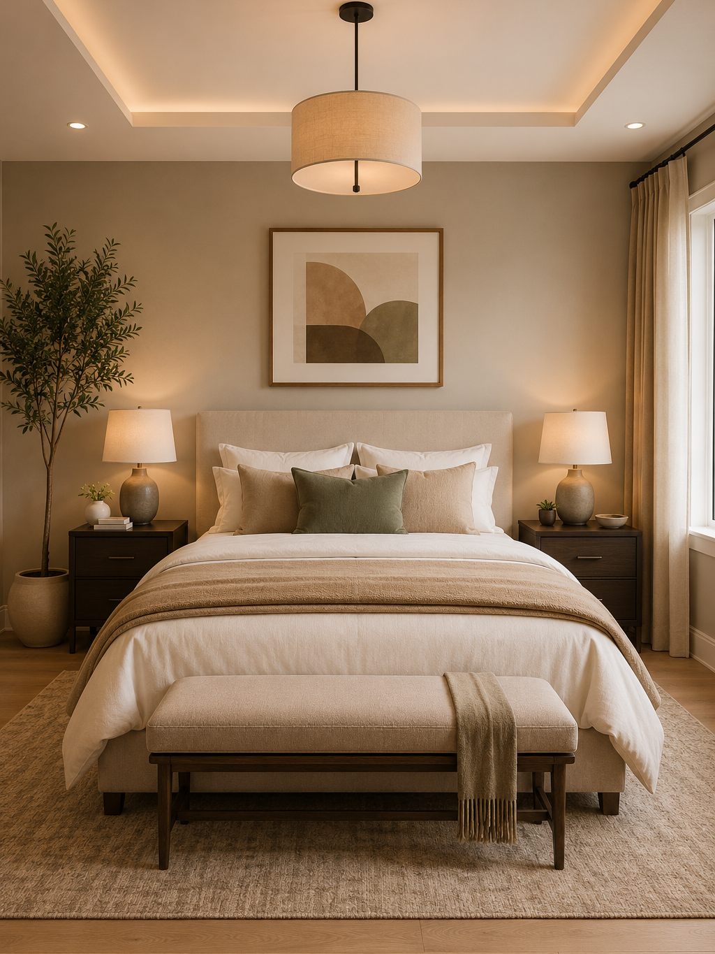 Elegant neutral bedroom with warm layered lighting