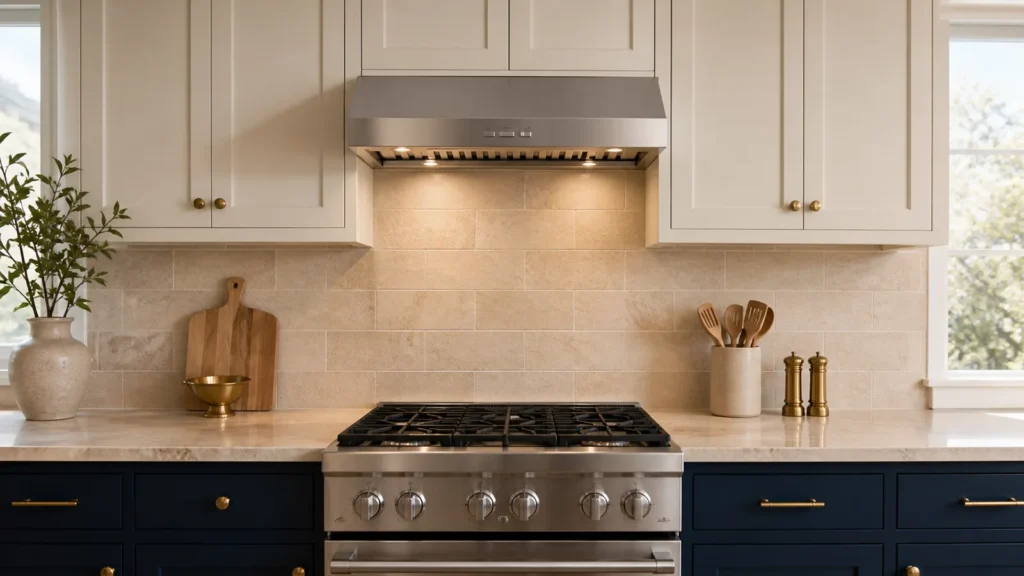 Stainless steel 30-inch range hood above a cooking range in a warm modern kitchen
