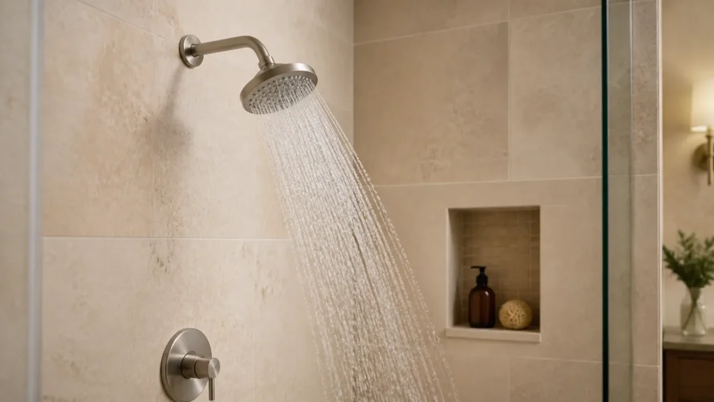 Modern fixed shower head spraying water in a warm beige tiled walk-in shower