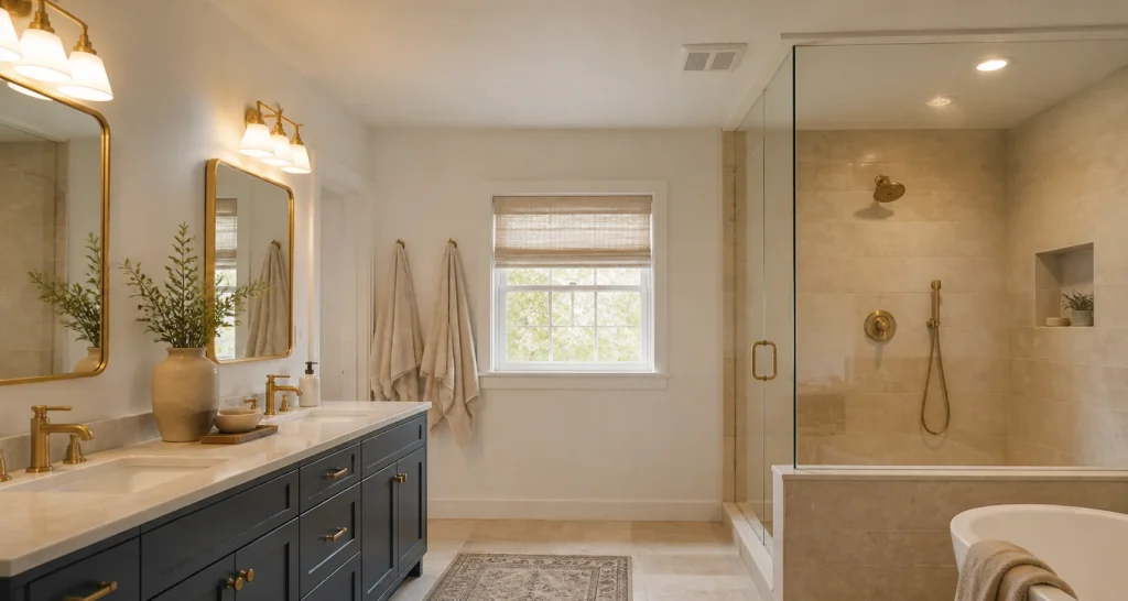 Modern bathroom with a ceiling exhaust fan illustrating bathroom ventilation planning