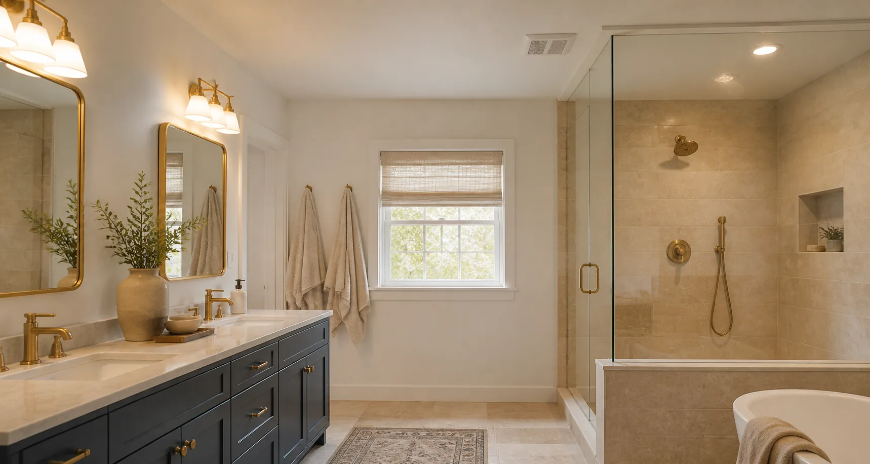 Modern bathroom with a ceiling exhaust fan illustrating bathroom ventilation planning