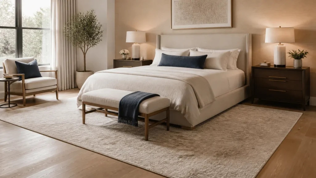 Neutral bedroom with a large area rug extending around a bed and bench