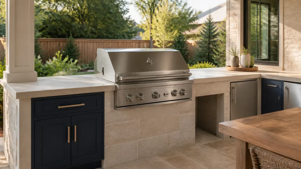 Stainless-steel built-in grill centered in a stone outdoor kitchen island with prep counters