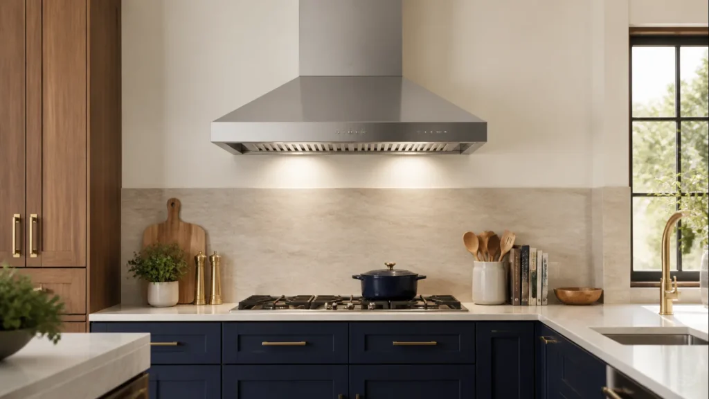 Stainless steel range hood above a cooktop in a modern kitchen with wood and navy cabinets