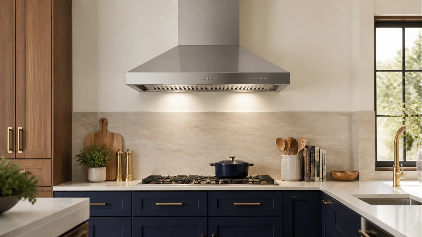 Stainless steel range hood above a cooktop in a modern kitchen with wood and navy cabinets
