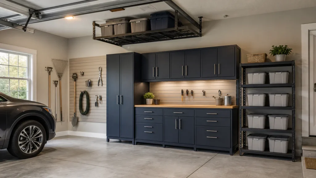 Organized residential garage with navy cabinets, wall storage, shelving and an overhead rack