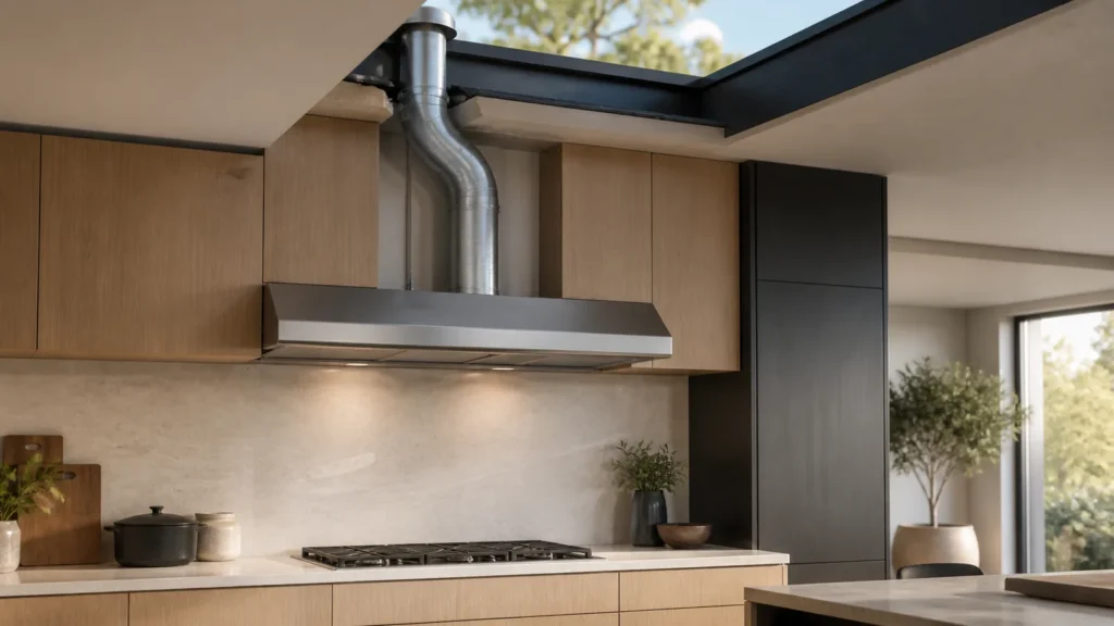 Modern kitchen range hood with smooth rigid metal duct routed through cabinetry