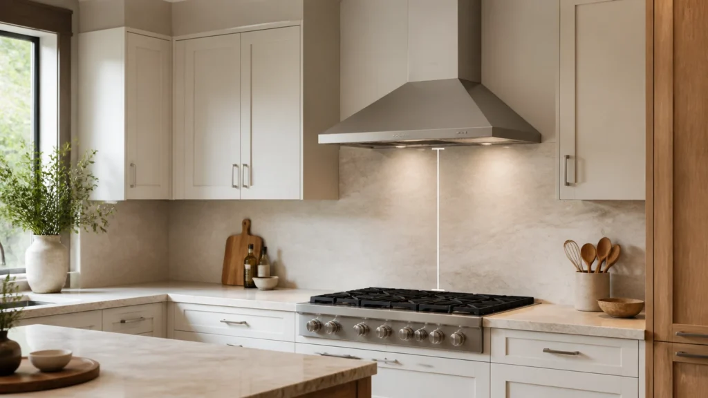 Modern wall-mount range hood with an unlabeled vertical clearance measurement above a cooktop