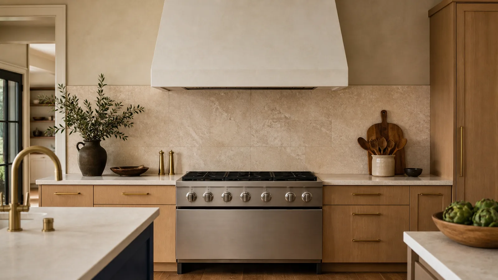 Stainless steel range hood in a warm modern kitchen