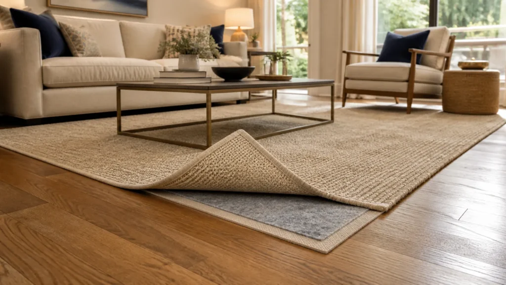 Area rug lifted to show a felt rug pad over hardwood flooring in a neutral living room
