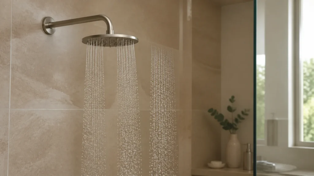Modern shower head with balanced water streams in a warm neutral bathroom