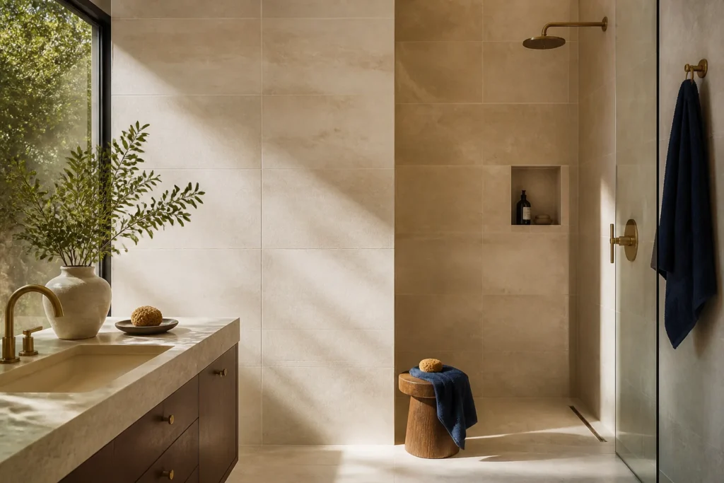 Compact showerhead in a warm modern bathroom illustrating low-water-pressure showerhead selection