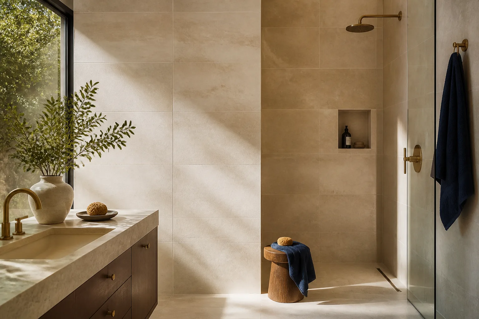 Compact showerhead in a warm modern bathroom illustrating low-water-pressure showerhead selection