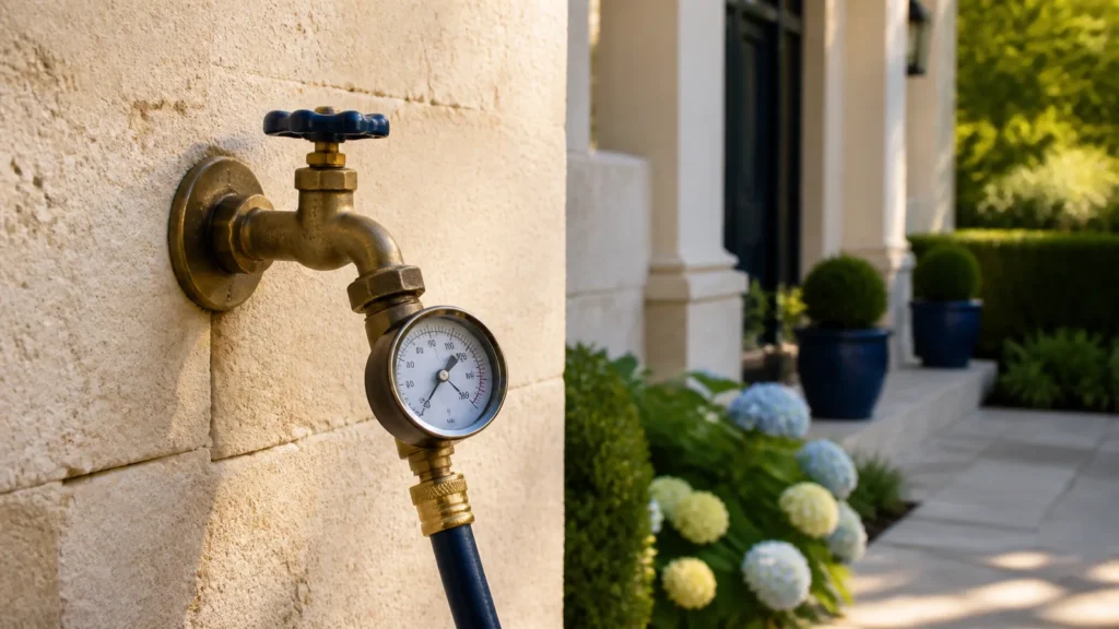 Water-pressure gauge connected to an outdoor hose bibb for a home water-pressure test