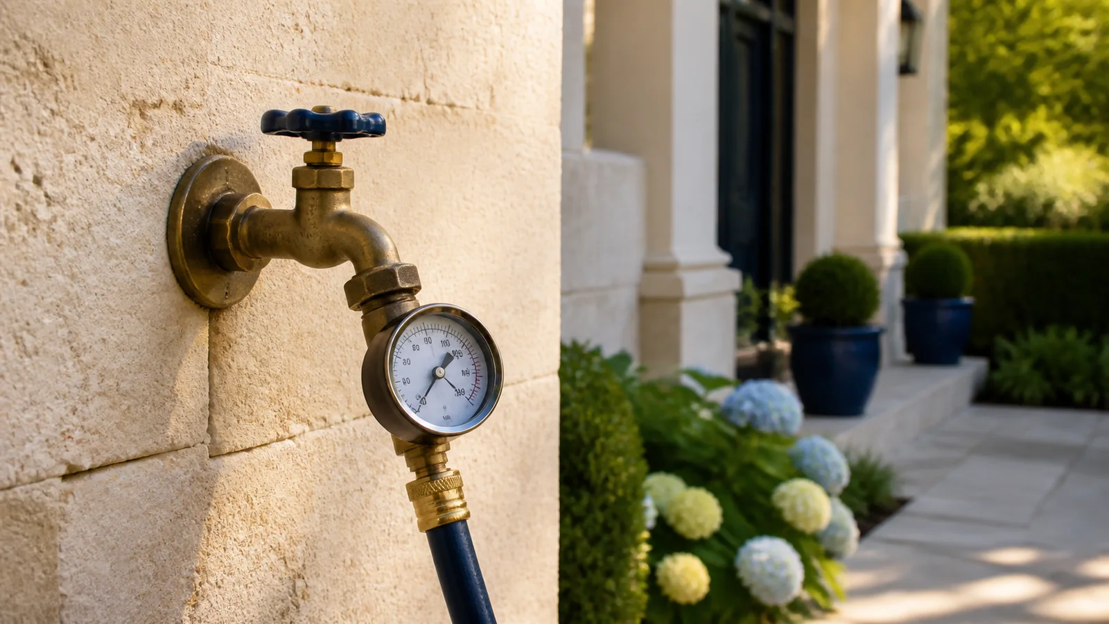 Water-pressure gauge connected to an outdoor hose bibb for a home water-pressure test