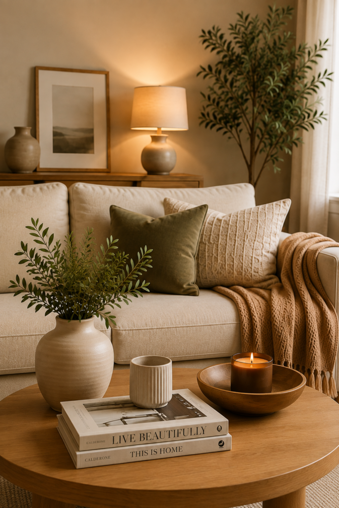 Warm, elegant living room with layered neutral furnishings