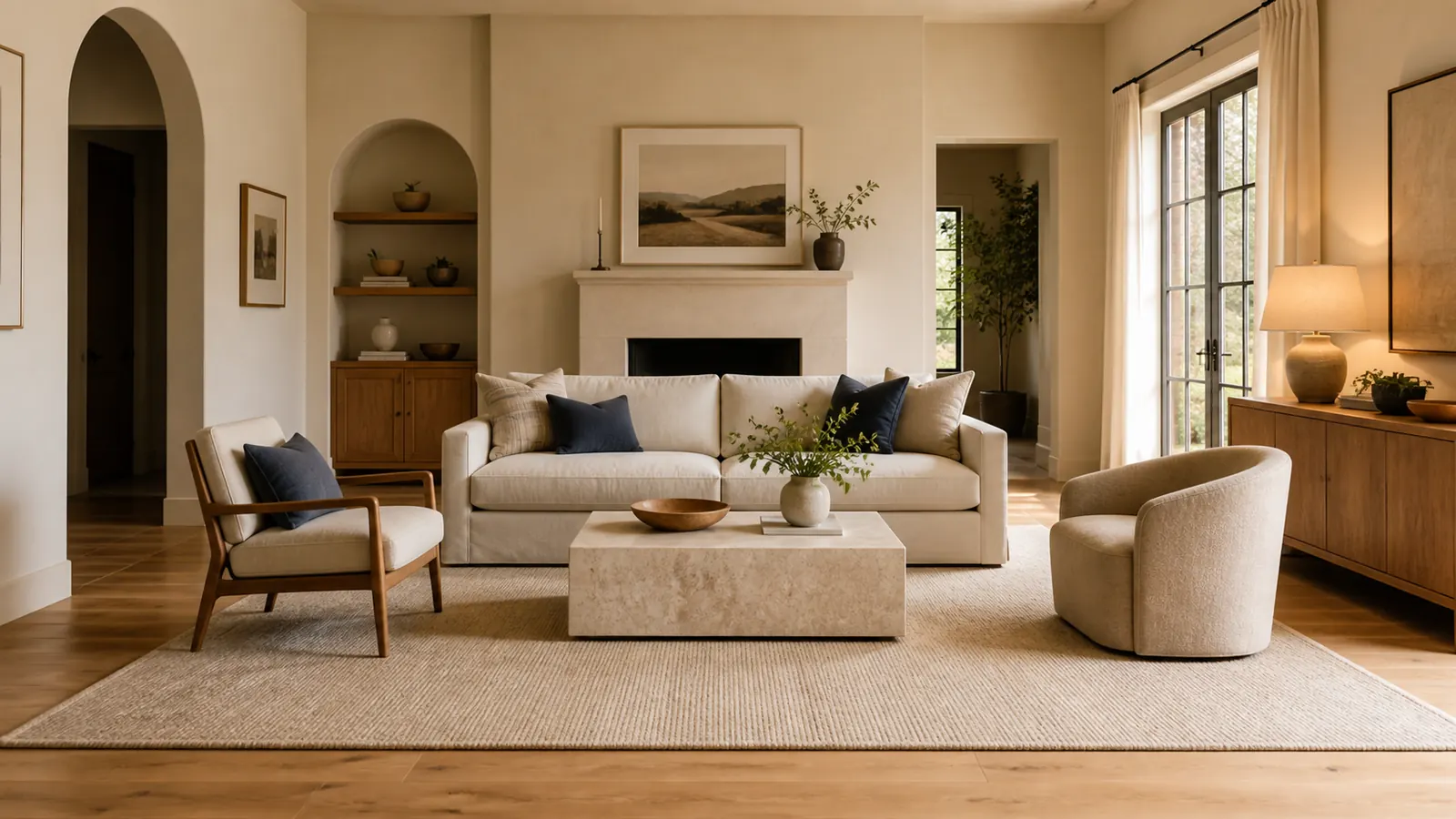 Neutral living room with a correctly scaled area rug