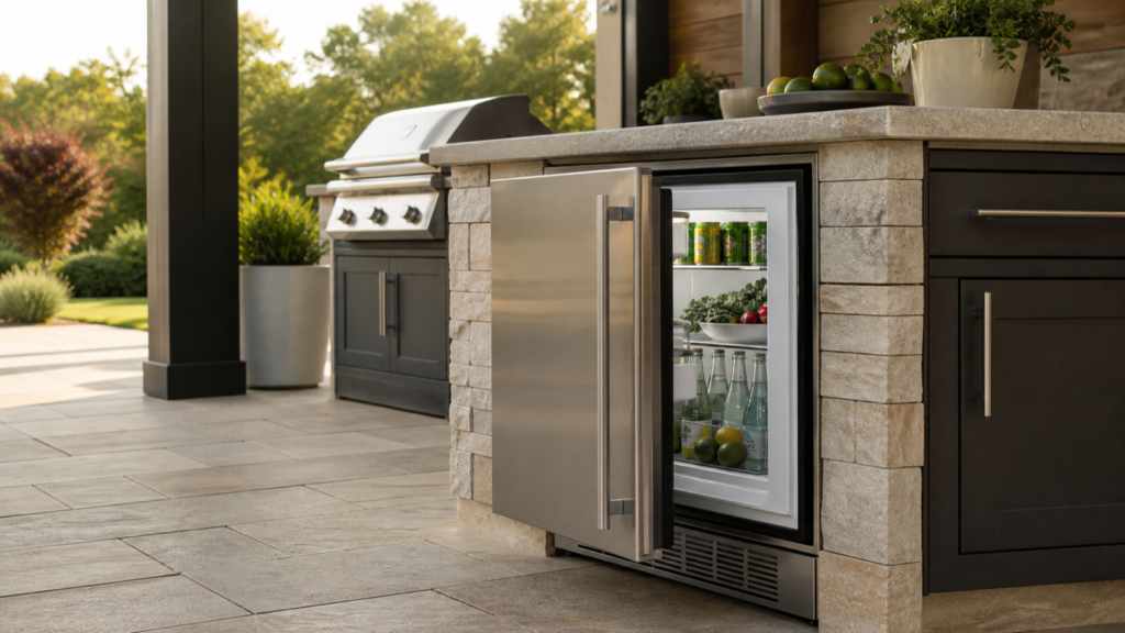 Built-in outdoor refrigerator integrated into a covered patio kitchen