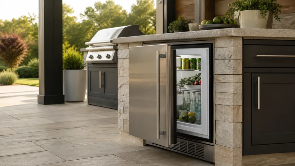 Built-in outdoor refrigerator integrated into a covered patio kitchen