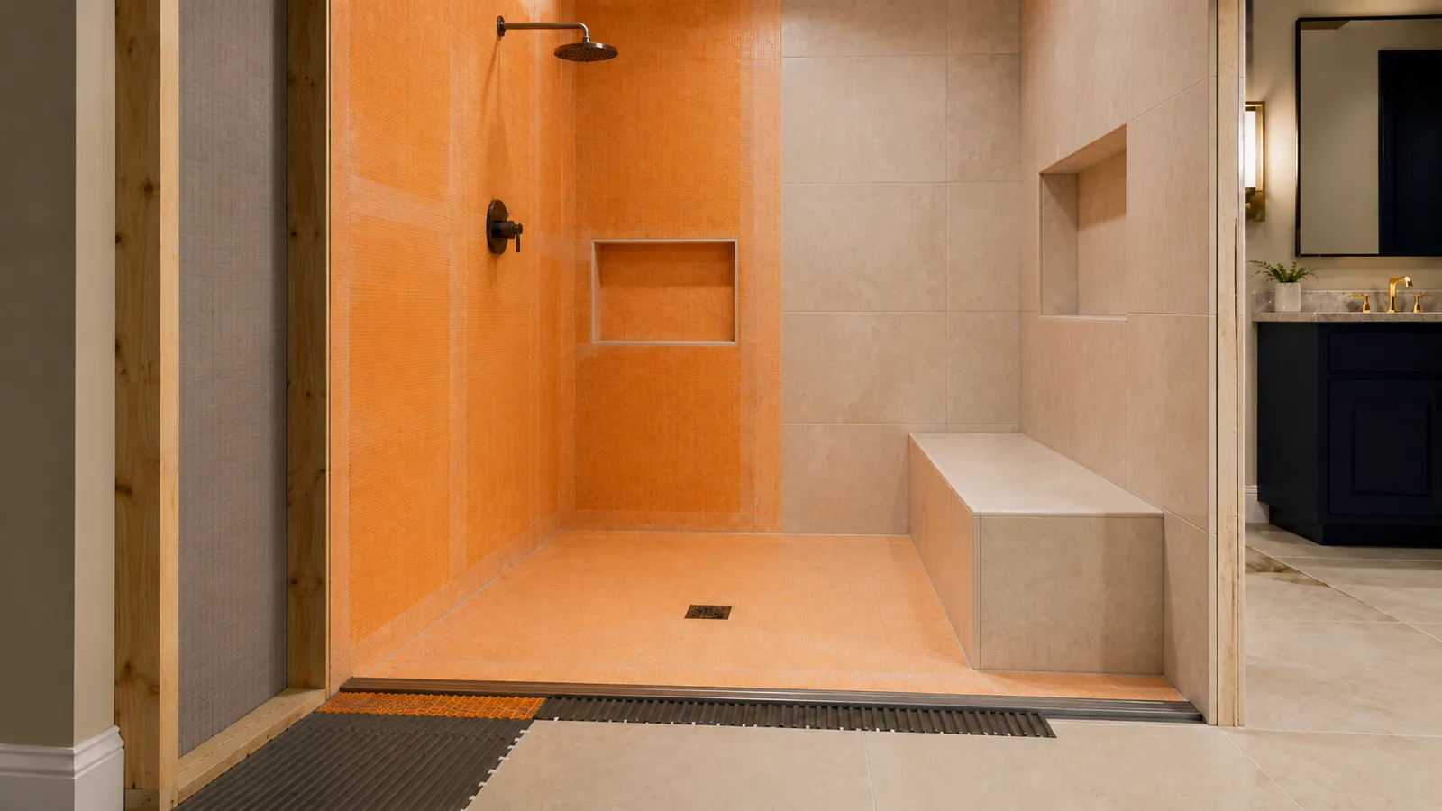 Walk-in shower during a premium waterproofing installation