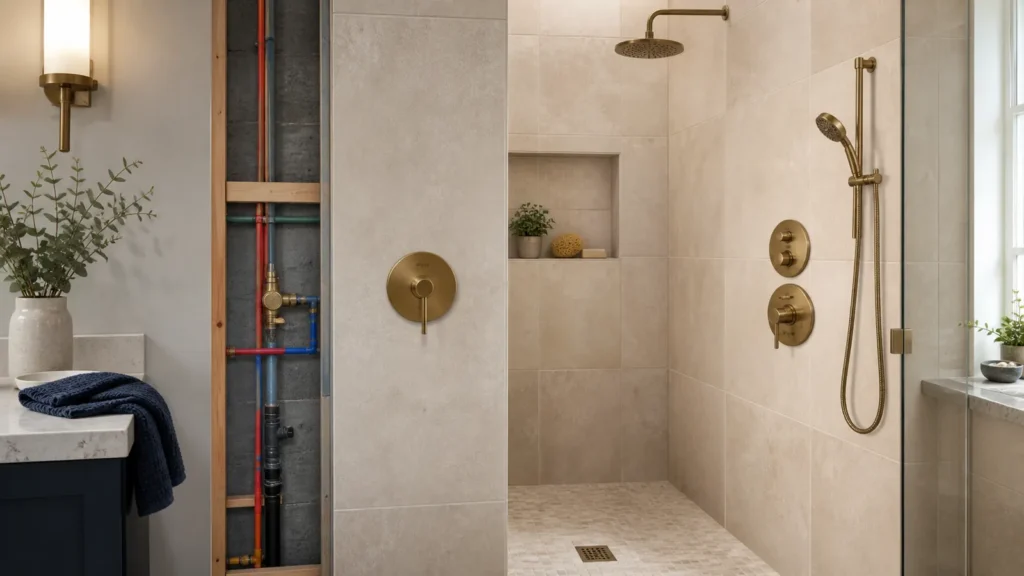 Walk-in shower remodel with pressure-balancing and thermostatic valve controls
