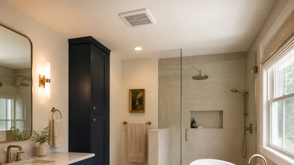 Quiet ceiling-mounted exhaust fan in a warm modern bathroom
