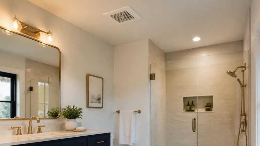 Quiet ceiling exhaust fan in a warm modern bathroom with a walk-in shower
