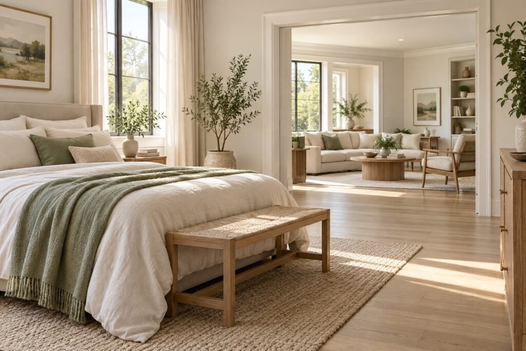 Light-filled bedroom opening into a living area with cream and sage furnishings