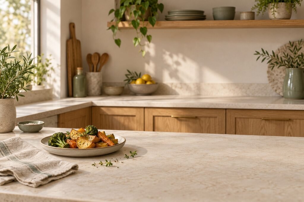 AI-generated kitchen illustration with roasted vegetables on a cream countertop.