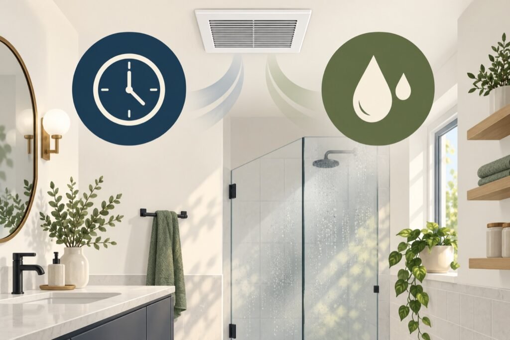 Conceptual illustration of a bathroom exhaust fan with clock and humidity icons representing two control approaches.