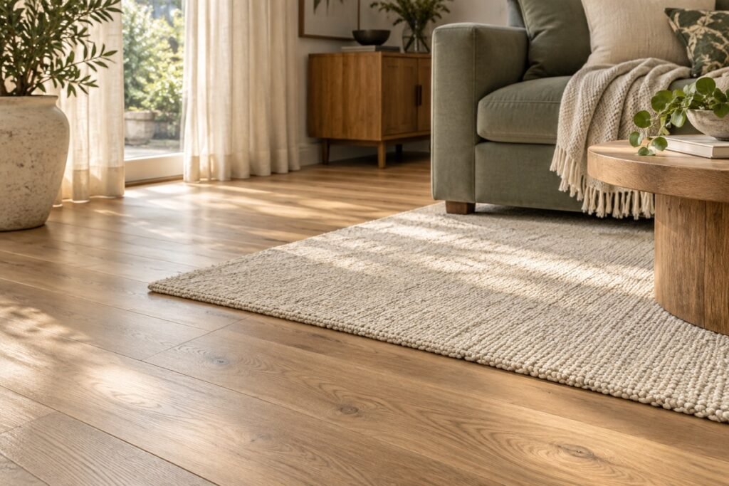 Editorial illustration of an oak floor meeting an ivory rug beside a sage sofa.