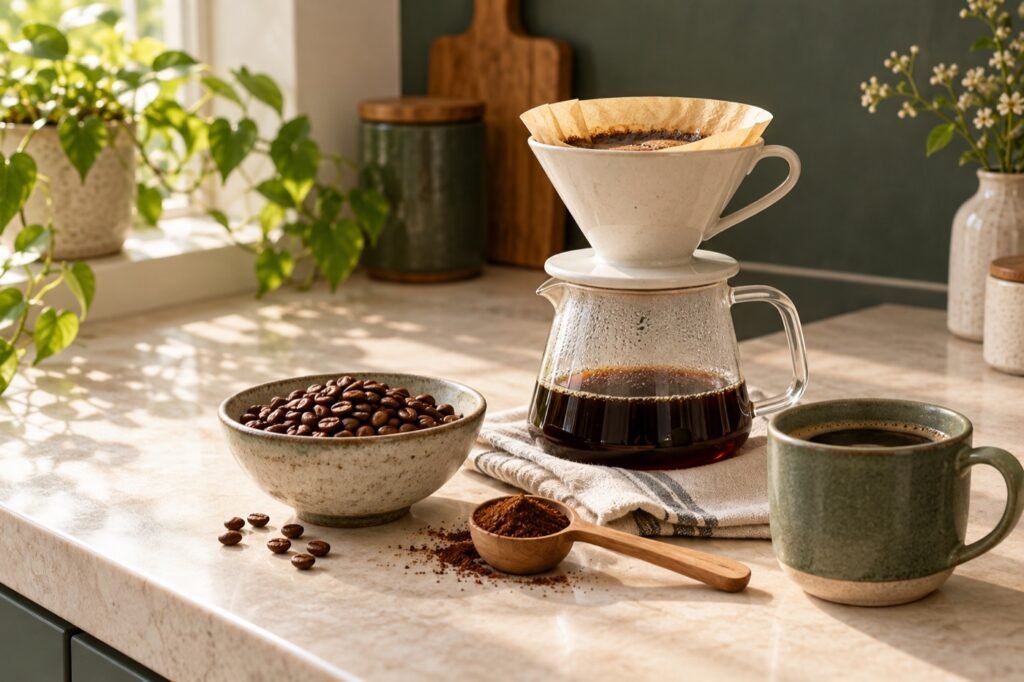 AI-generated illustration of pour-over coffee, roasted beans and a cup on a kitchen counter.