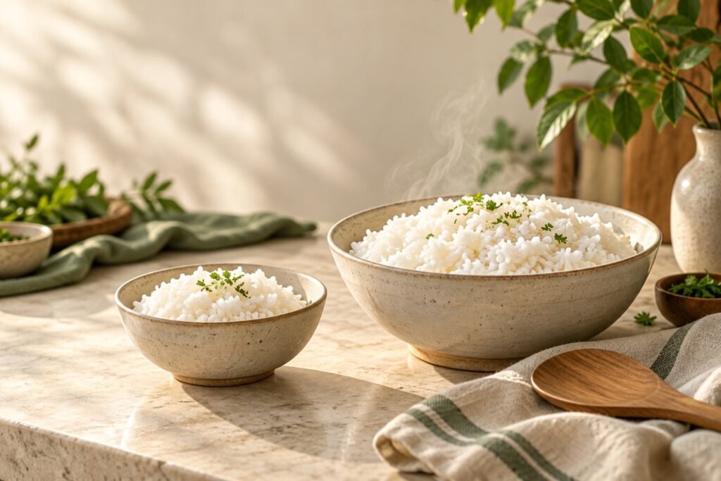 Small and large bowls of cooked rice on a kitchen counter — editorial illustration