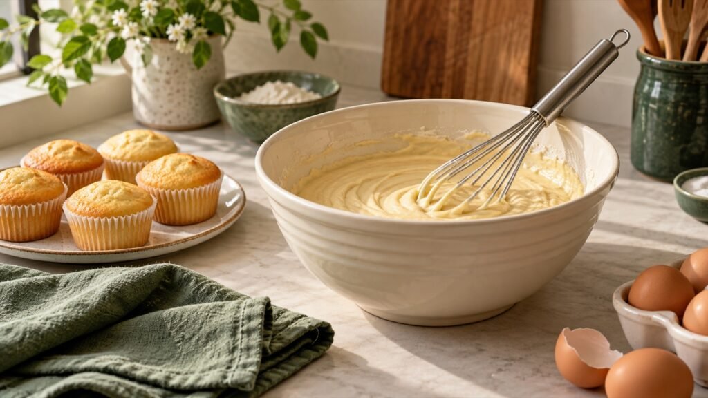 Bowl of cake batter with a manual whisk and cupcakes on a kitchen counter