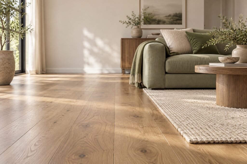 Wood flooring beside a cream area rug in a softly lit living room