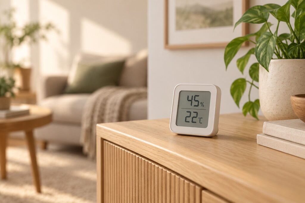 Editorial illustration of a generic indoor humidity monitor on a wooden console in a dry living room.