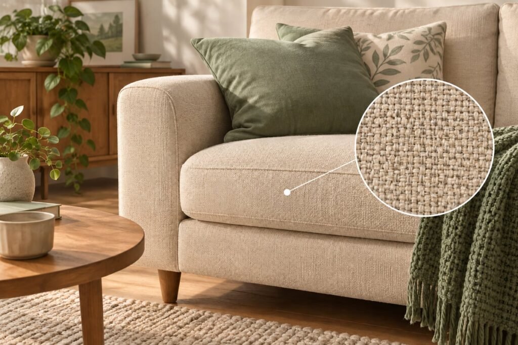 Editorial illustration of a cream sofa and magnified upholstery weave.